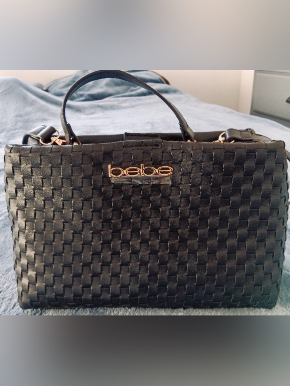 bebe (Gold Logo) Black Woven Top-Handle Satchel
